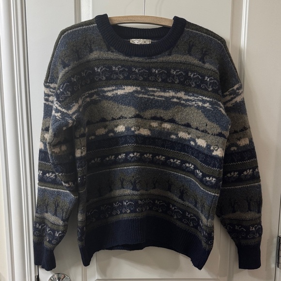 Other - Vintage Woolly Jumpers Navy Blue Green Lamb Tree Patterned Wool Sweater Size M